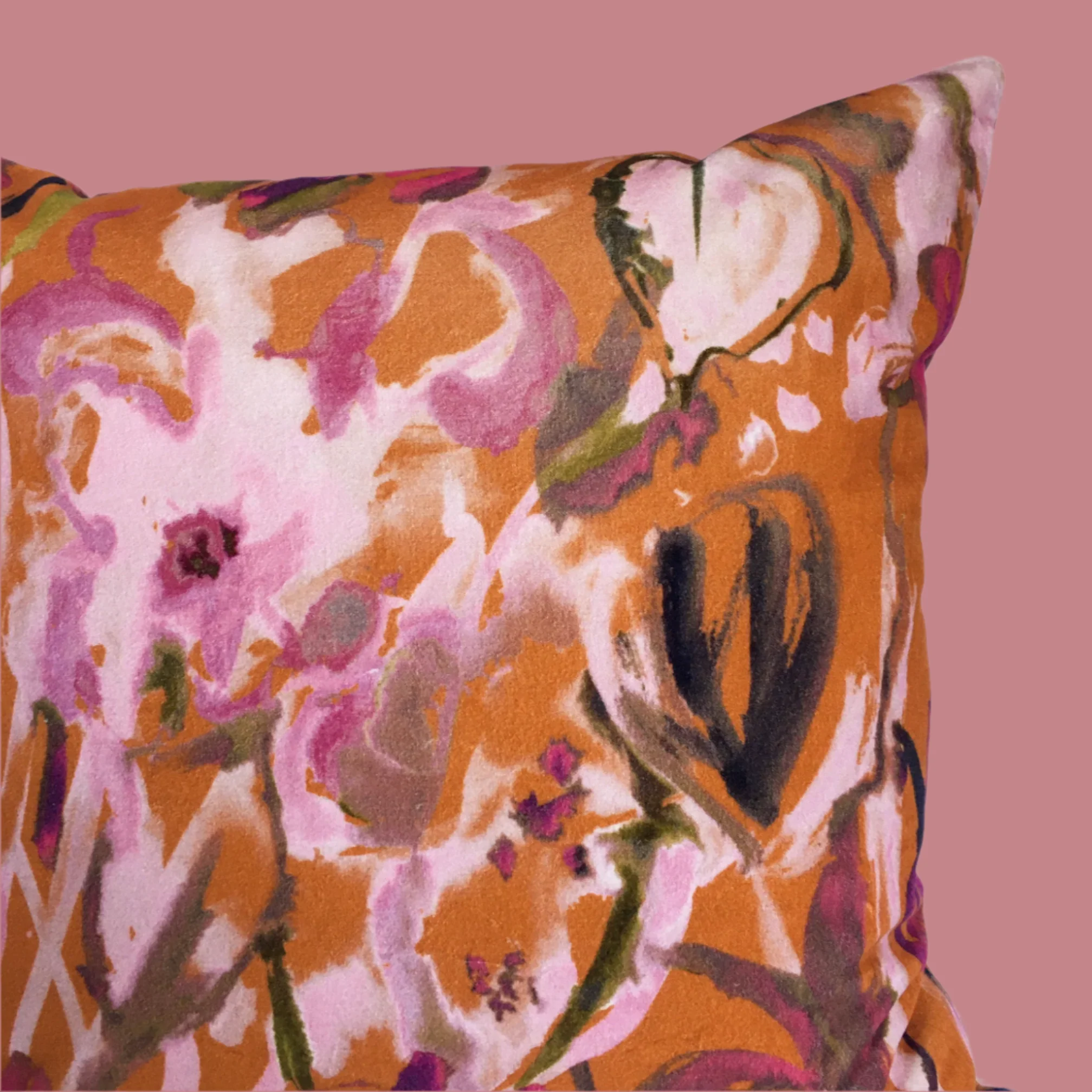 Watercolour Floral Velvet Cushion - Burnt Orange