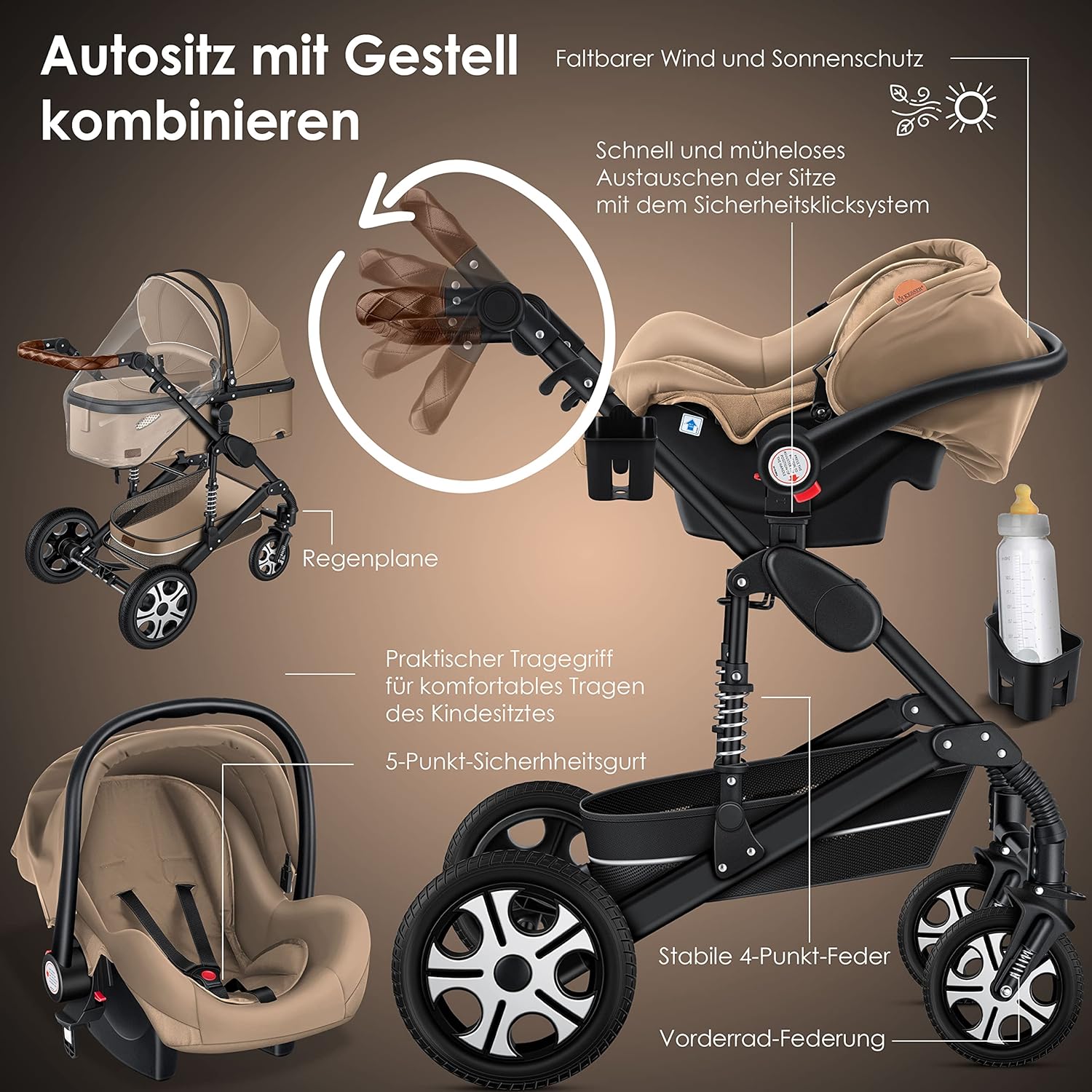 KESSER® Loops 3 in 1 Kinderwagen Kombikinderwagen Komplett-Set inkl. Babywanne & Buggy Sportsitz & Auto-Babyschale Voll-Gummireifen Wickeltasche Regenschutz Kindertisch ECE R129, Grau/Silber