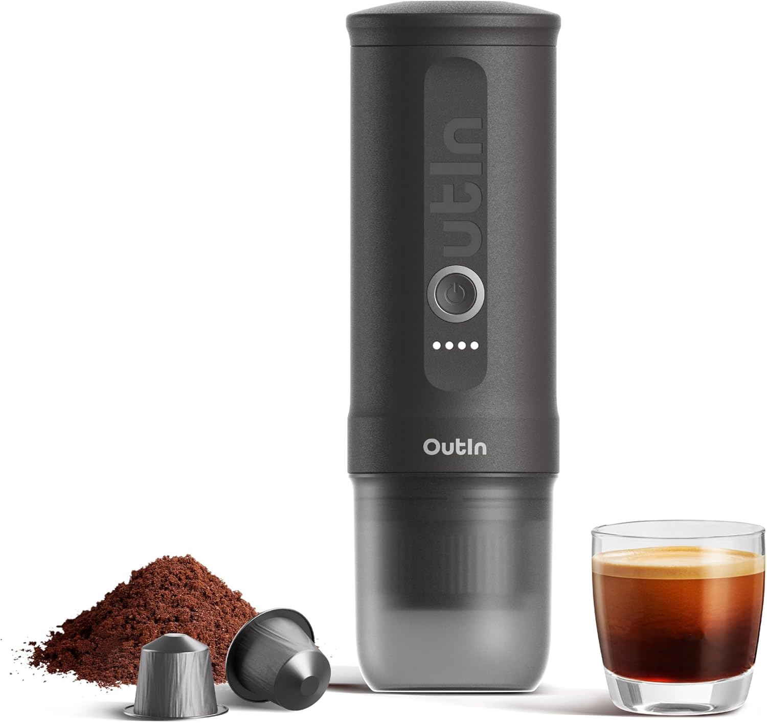 OutIn Nano Tragbare Espressomaschine mit Akku, für unterwegs oder Camping, Kaffeemaschine to go, mit elektrischer Selbsterhitzung über USB - C, 2 in 1 für gemahlenen kaffee und NS - kapseln