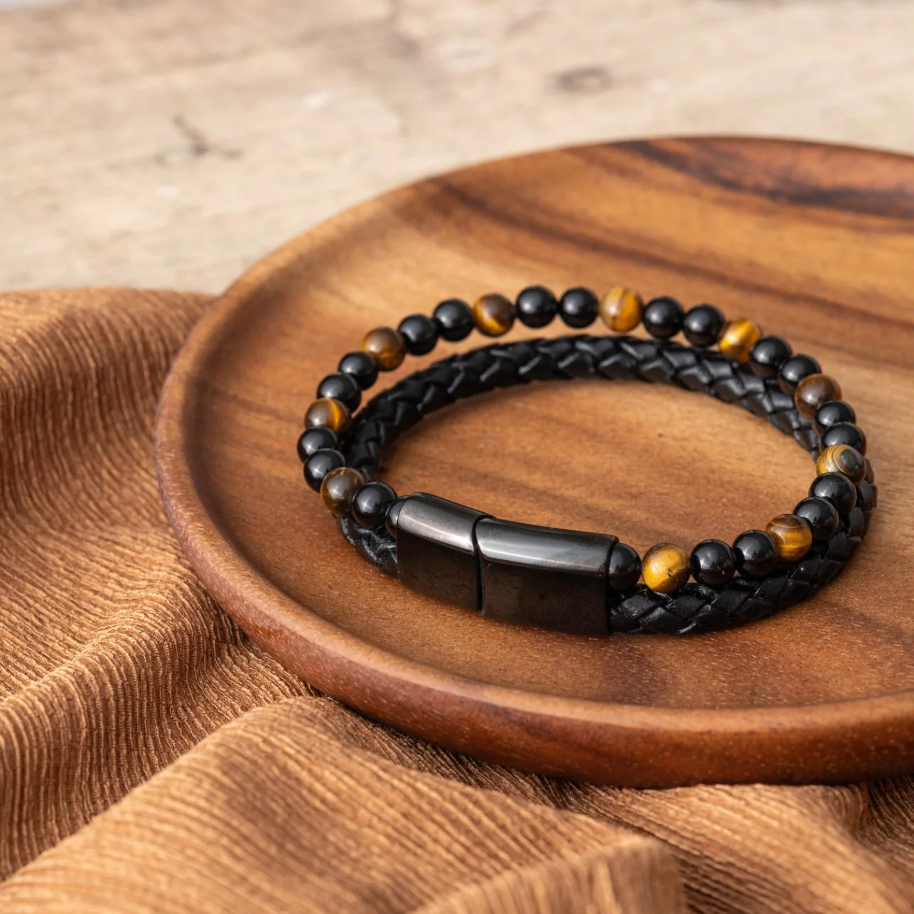 Armband Dubbel - Gevlochten Leer - Tijgeroog & Onyx - RVS Sluiting