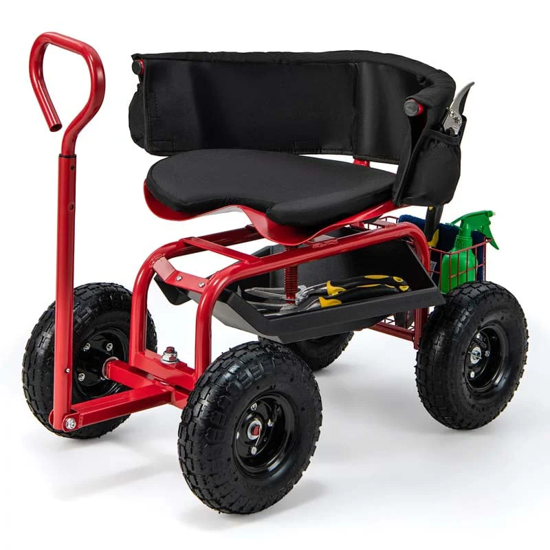 Cushioned Rolling Garden Cart Workseat Yard Wagon Scooter with Storage Basket & Extendable Steering Handle