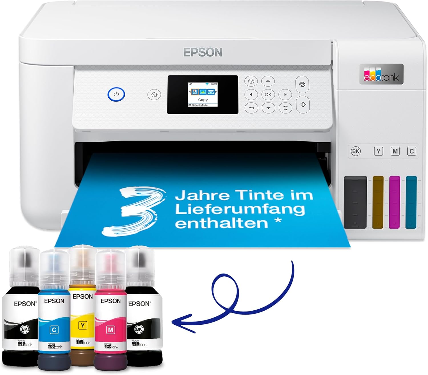 Epson EcoTank ET-2826 A4-Multifunktions-Wi-Fi-Tintentankdrucker, mit einem im Lieferumfang enthaltenen Vorrat an Tinten bis zu 3 Jahren