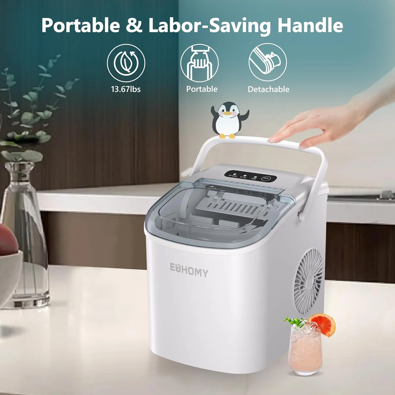 EUHOMY 12'' White Bullet Ice Portable Ultra Quieter Ice Maker with Handle
