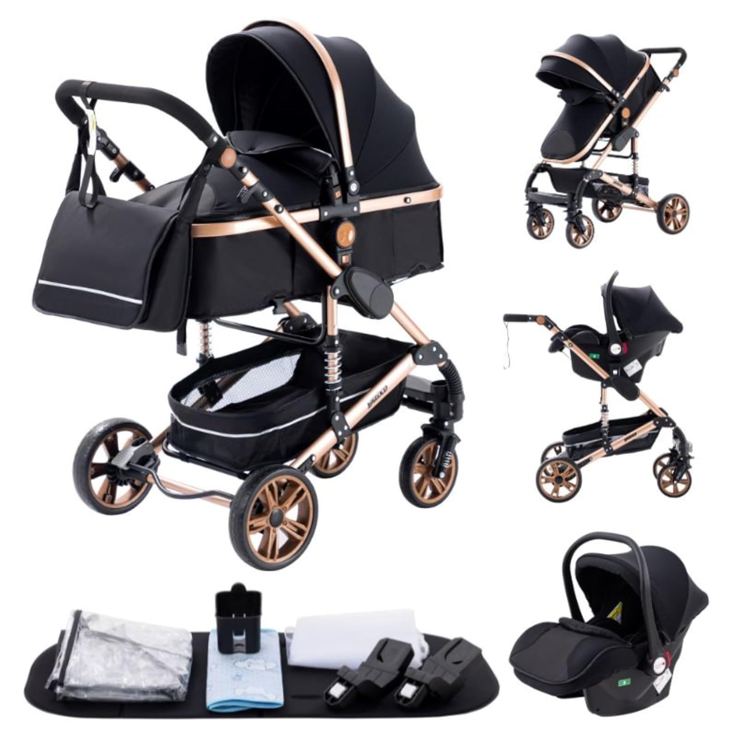 YAZOCO kinderwagen 3 in 1 Buggy Babybett Komplett Set Einem Klick Zusammenklappbarer Kinderwagen, KombiKinderwagen Aluminiumrahmen für Neugeborene (Schwarz)