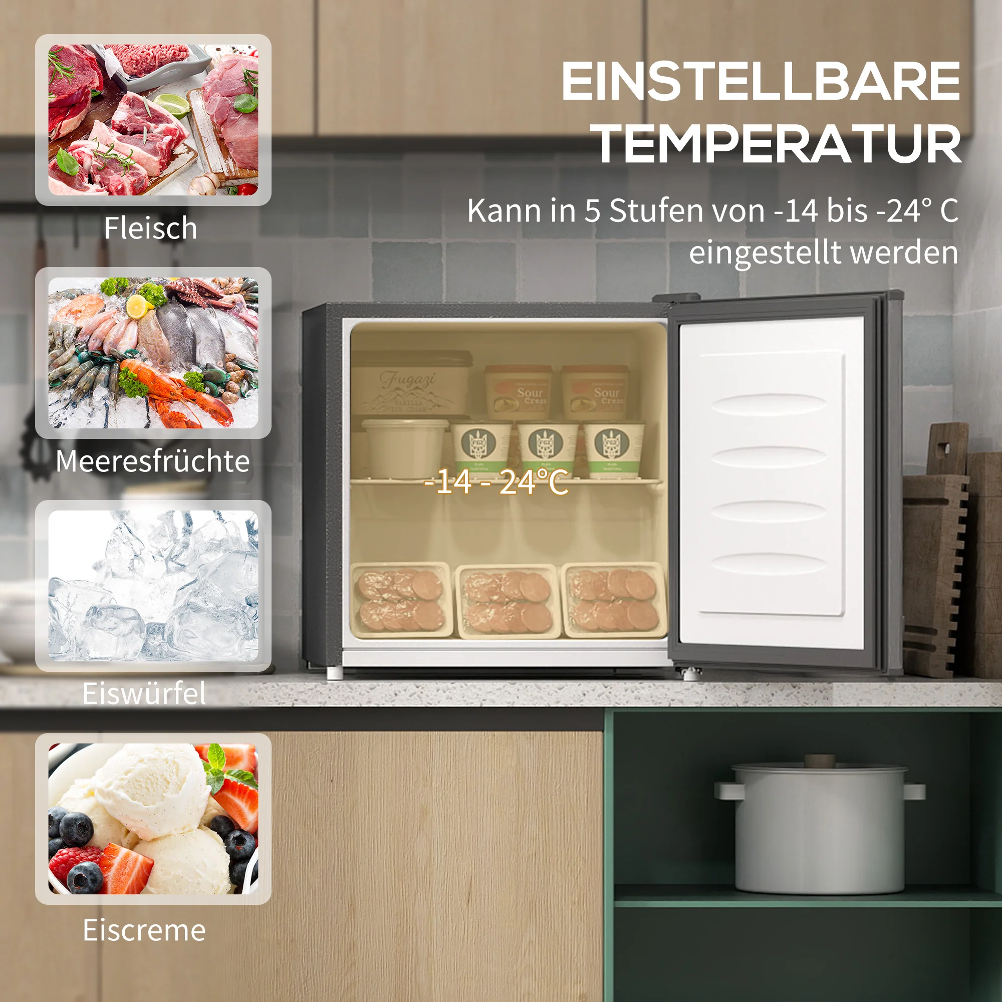 HOMCOM Mini-Vriezer 35 L, Electrische Vriesbox, Vrijstaand 161W, Mini Diepvrieskist 47 x 44,2 x 48,8 cm, Grijs