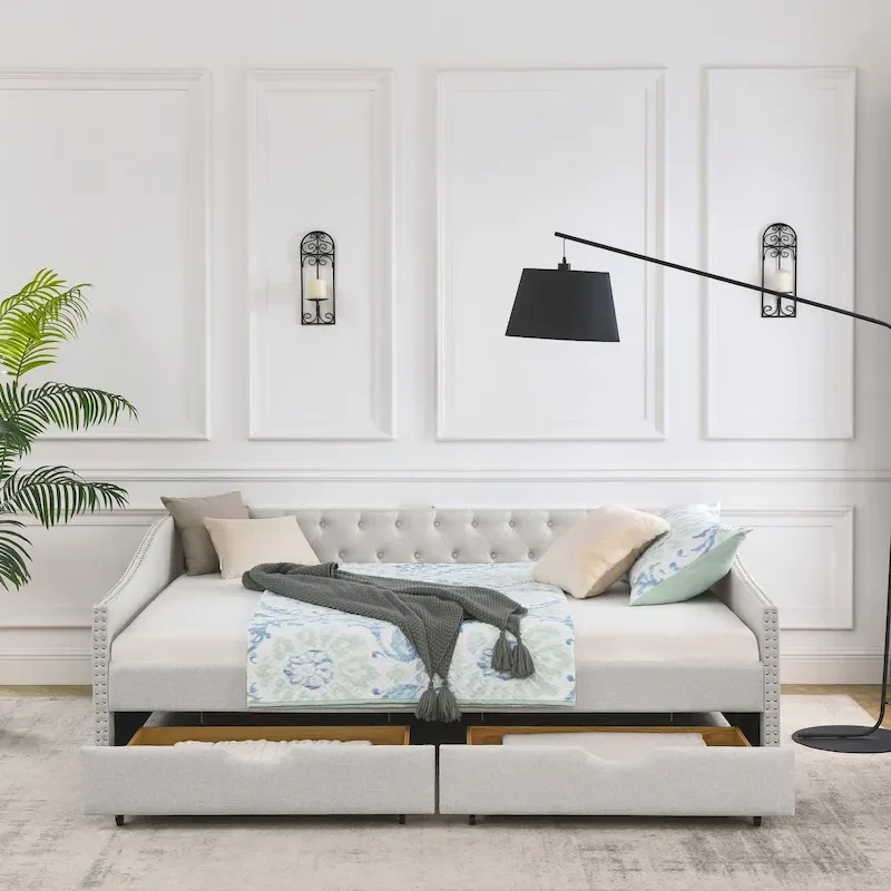Upholstered Tufted Queen Size Daybed Sofa Bed with Storage Drawers