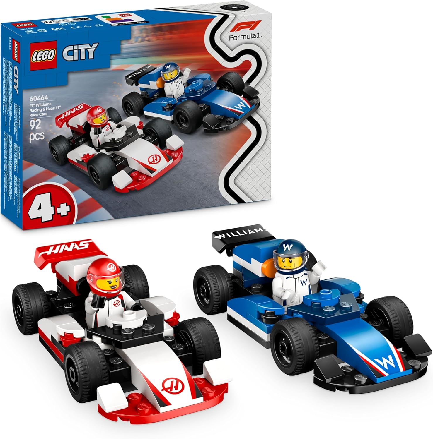 LEGO City F1 Williams Racing & Haas F1 Racing Cars Fordonslekset, 2 bilmodeller och minifigurer, Roliga presenter för barn, Byggset för pojkar, flickor och Formel 1-fans från 4 år 60464