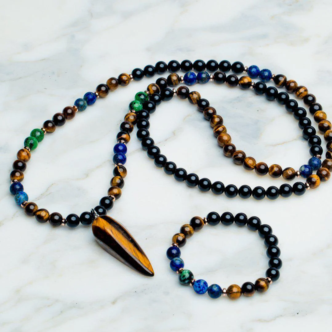 Set van 2 - Mala Ketting + Armband - Handgemaakt - Lapis Lazuli - Tijgeroog & Turkoois - Intuïtie