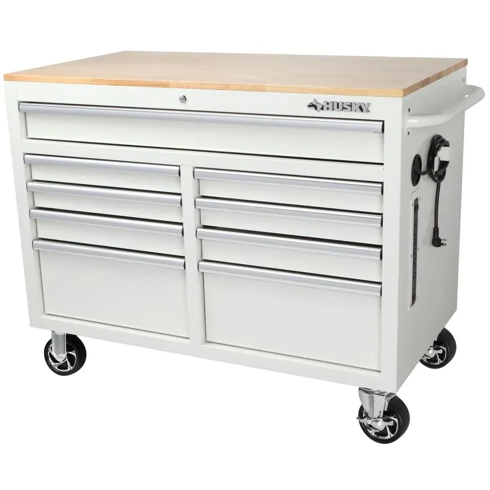 46-in W x 24.5-in D 9-Drawer Mobile Workbench with Hardwood Top and Power Station �C Gloss Black