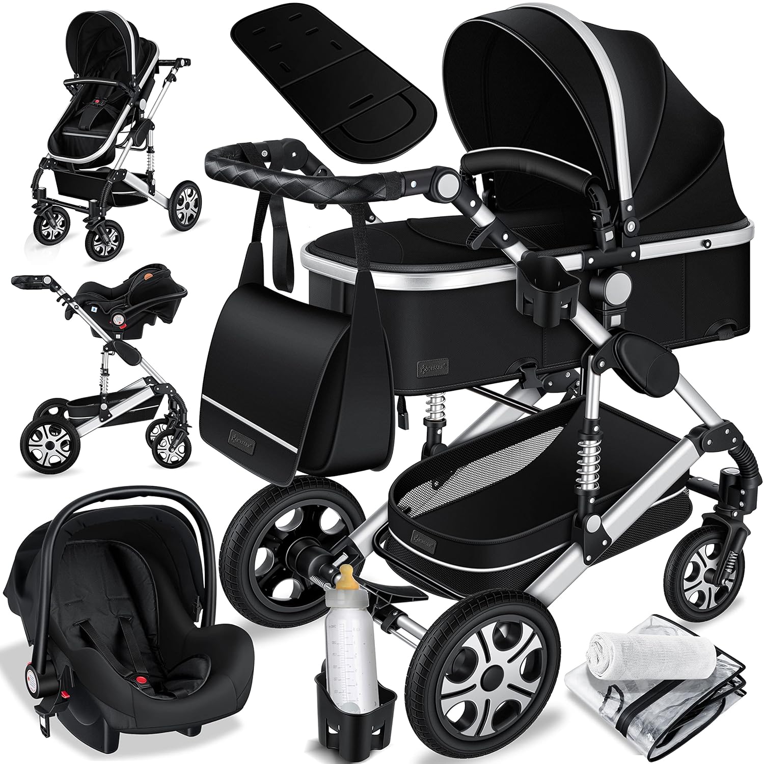 KESSER® Loops 3 in 1 Kinderwagen Kombikinderwagen Komplett-Set inkl. Babywanne & Buggy Sportsitz & Auto-Babyschale Voll-Gummireifen Wickeltasche Regenschutz Kindertisch ECE R129, Grau/Silber