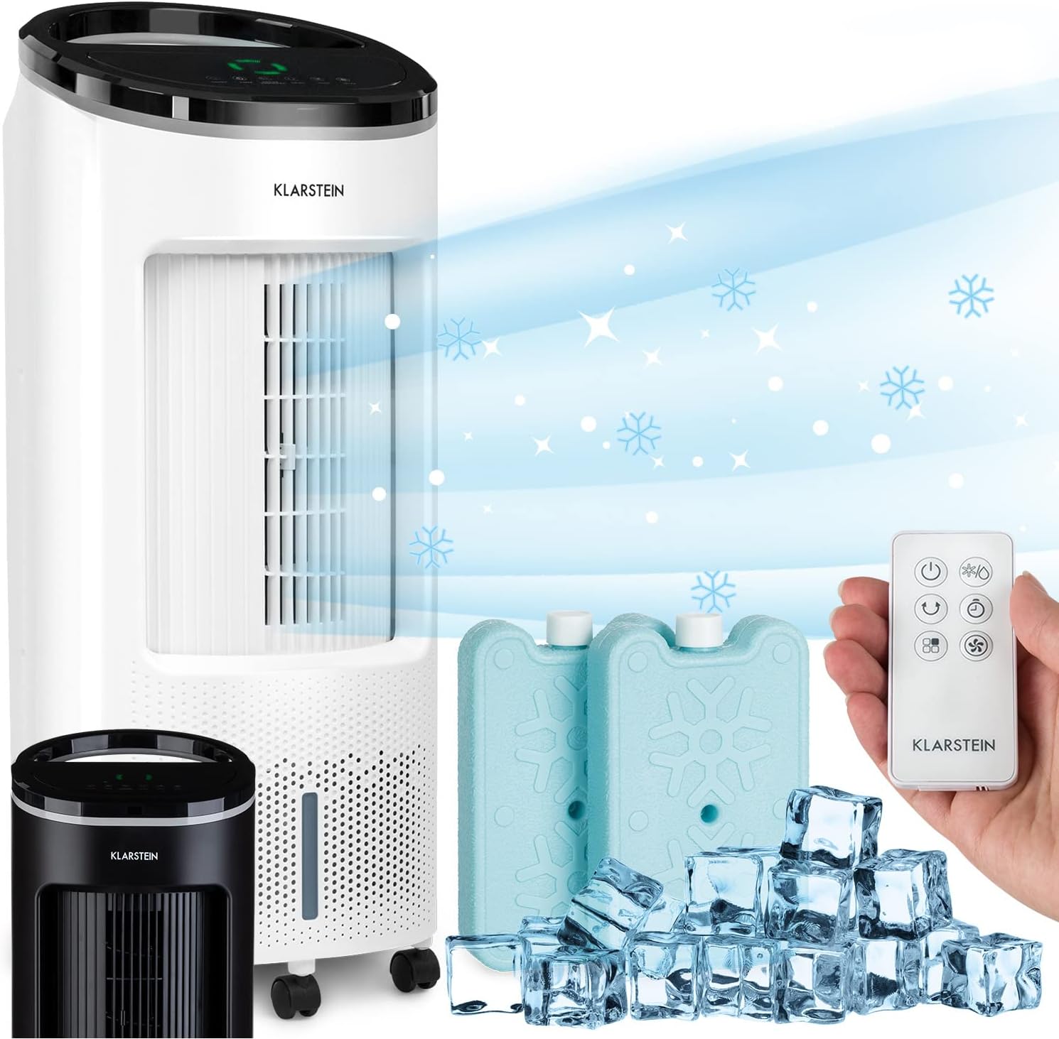 Klarstein Luftkühler mit Wasserkühlung, Leiser 4-in-1 Verdunstungskühler, Luftbefeuchter, Ventilator & Nachtmodus, Mobile Klimageräte Luftkühler 7L, 65W Air Cooler, 330m³/h Kühlender Luftstrom