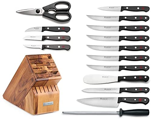 WÜSTHOF Gourmet 7-Piece Knife Block Set, High Carbon Stainless Steel, Black Handles