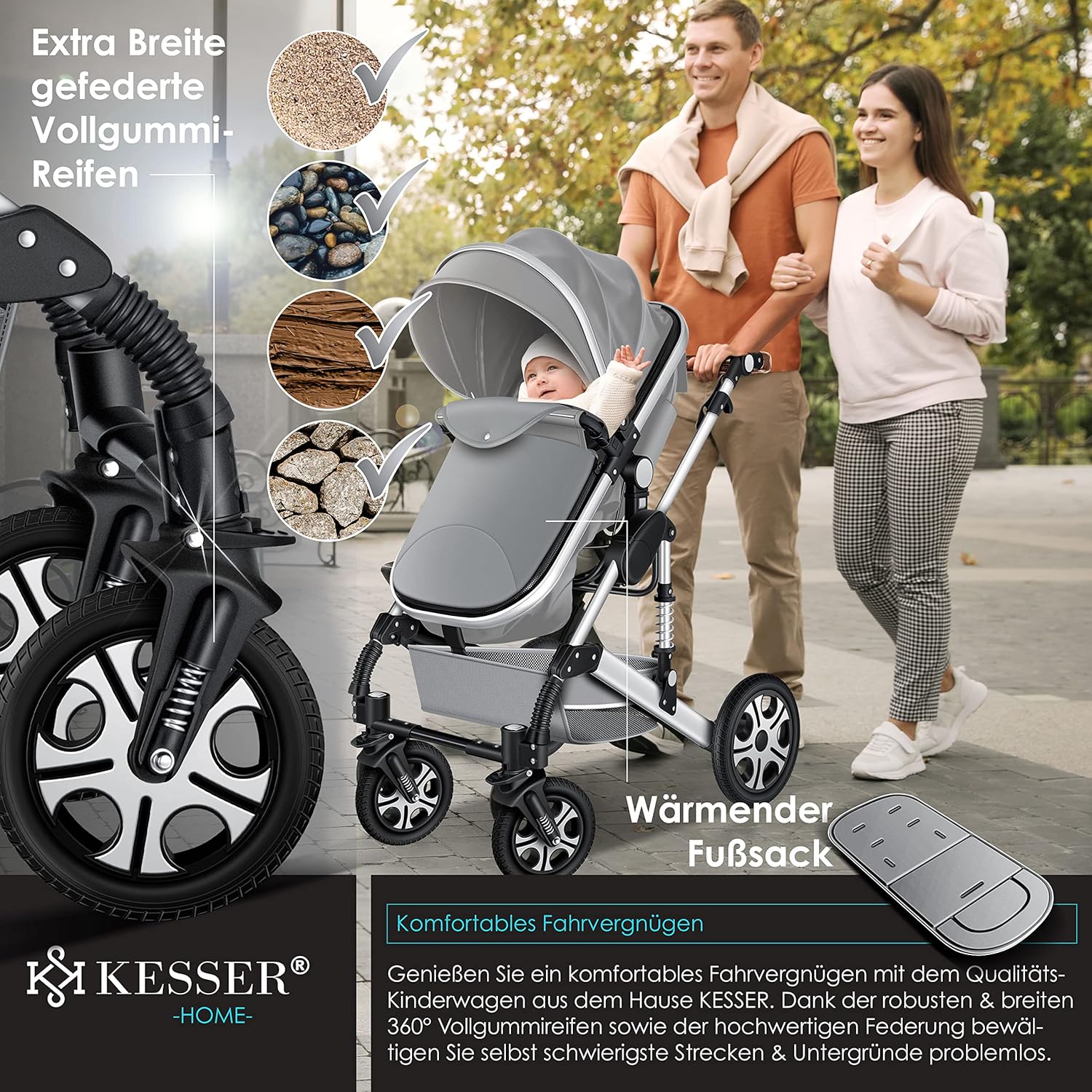 KESSER® Loops 3 in 1 Kinderwagen Kombikinderwagen Komplett-Set inkl. Babywanne & Buggy Sportsitz & Auto-Babyschale Voll-Gummireifen Wickeltasche Regenschutz Kindertisch ECE R129, Grau/Silber