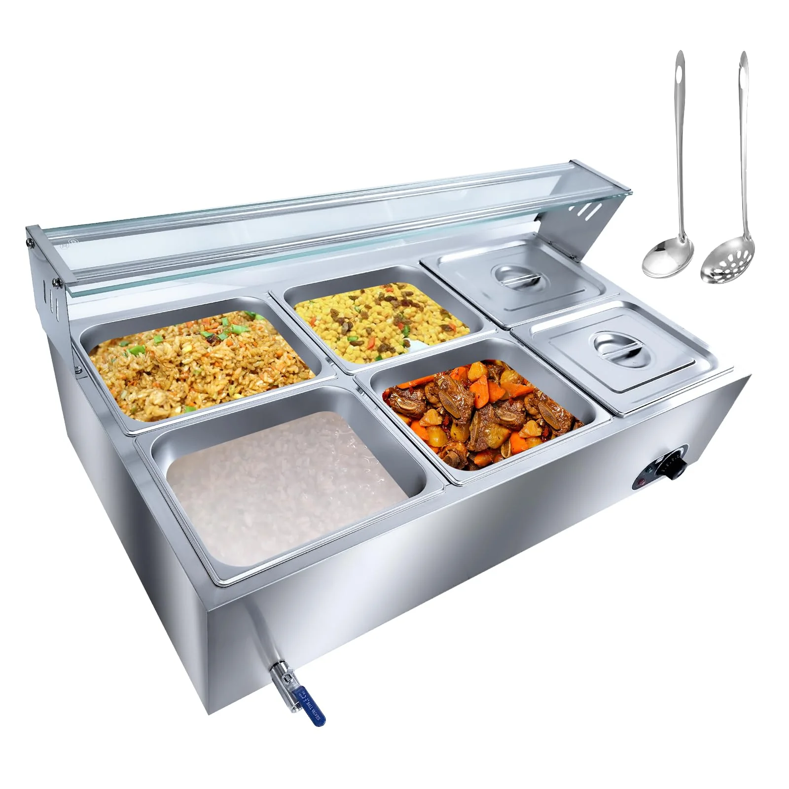 2026 Nuevo calentador de alimentos comercial de 6 bandejas 6×12QT mesa de vapor eléctrica con cubierta de vidrio templado equipo tipo baño maría de acero inoxidable para encimera control de temperatura 86 a 185 grados para catering y restaurantes