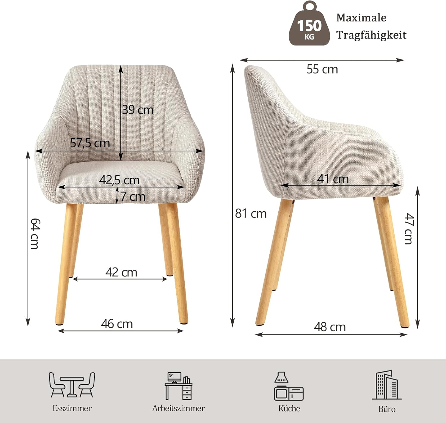 Juego de 4 sillas de comedor con reposabrazos, tapizadas en poliéster color beige y con patas de madera; sillas para comedor, cocina o salón. 2026