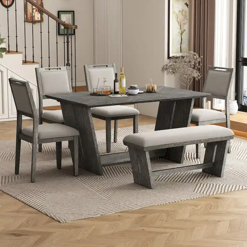6-Piece Wooden Dining Set: Rectangular Table with 4 Upholstered Chairs and 1 Bench