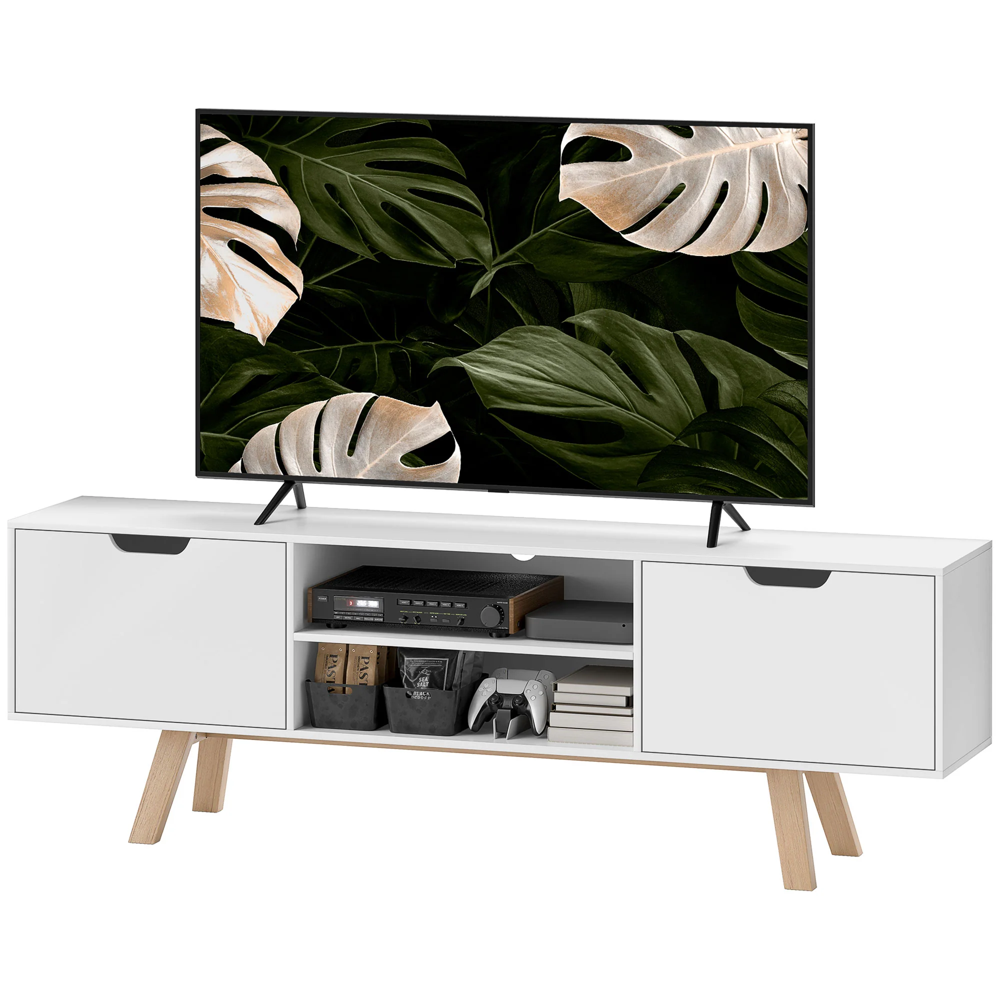 HOMCOM TV Lowboard 65 Zoll mit Kabelführung und 2 Schränken Weiß