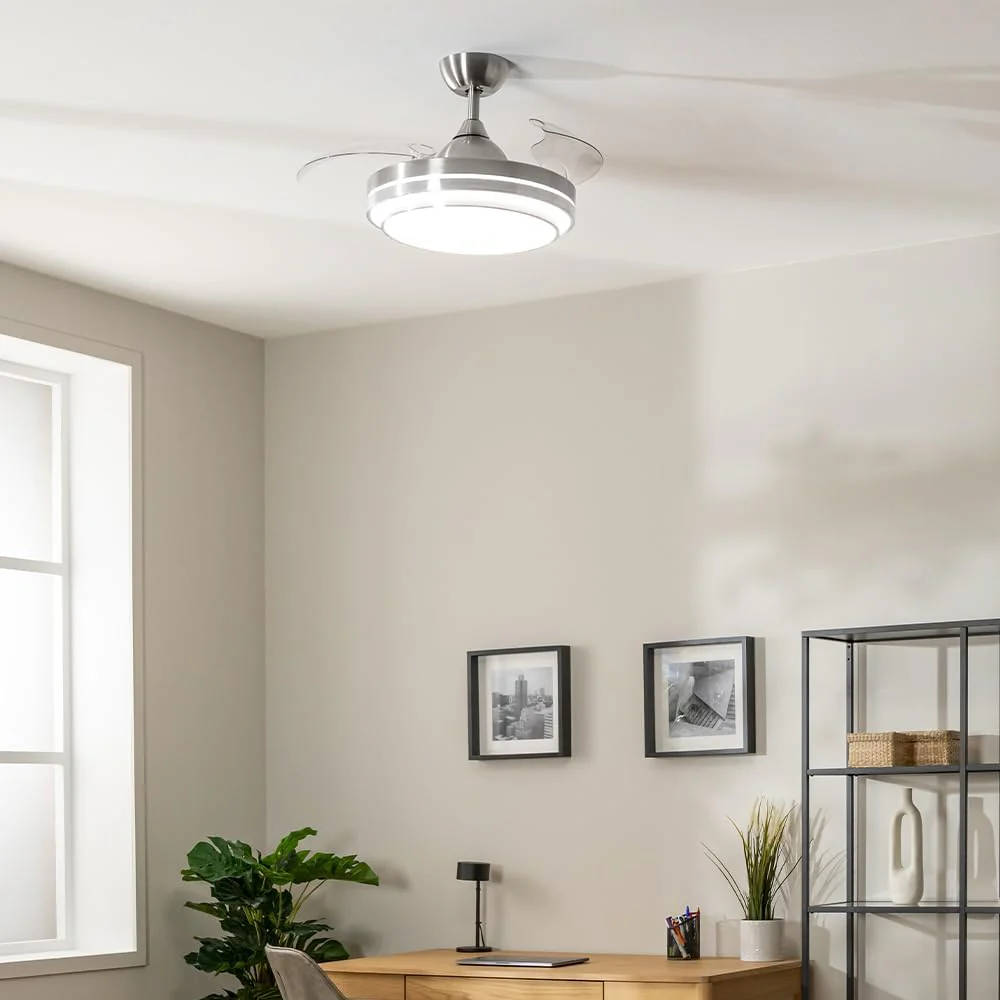Ventilador de Techo Cecotec con Aspas Retráctiles y Lámpara Invisible EnergySilence Aero 4280 de Acero, 40 W, Diámetro 42 Pulgadas (106 cm), Temporizador, 3 Tonos de Luz, Función Verano-Invierno