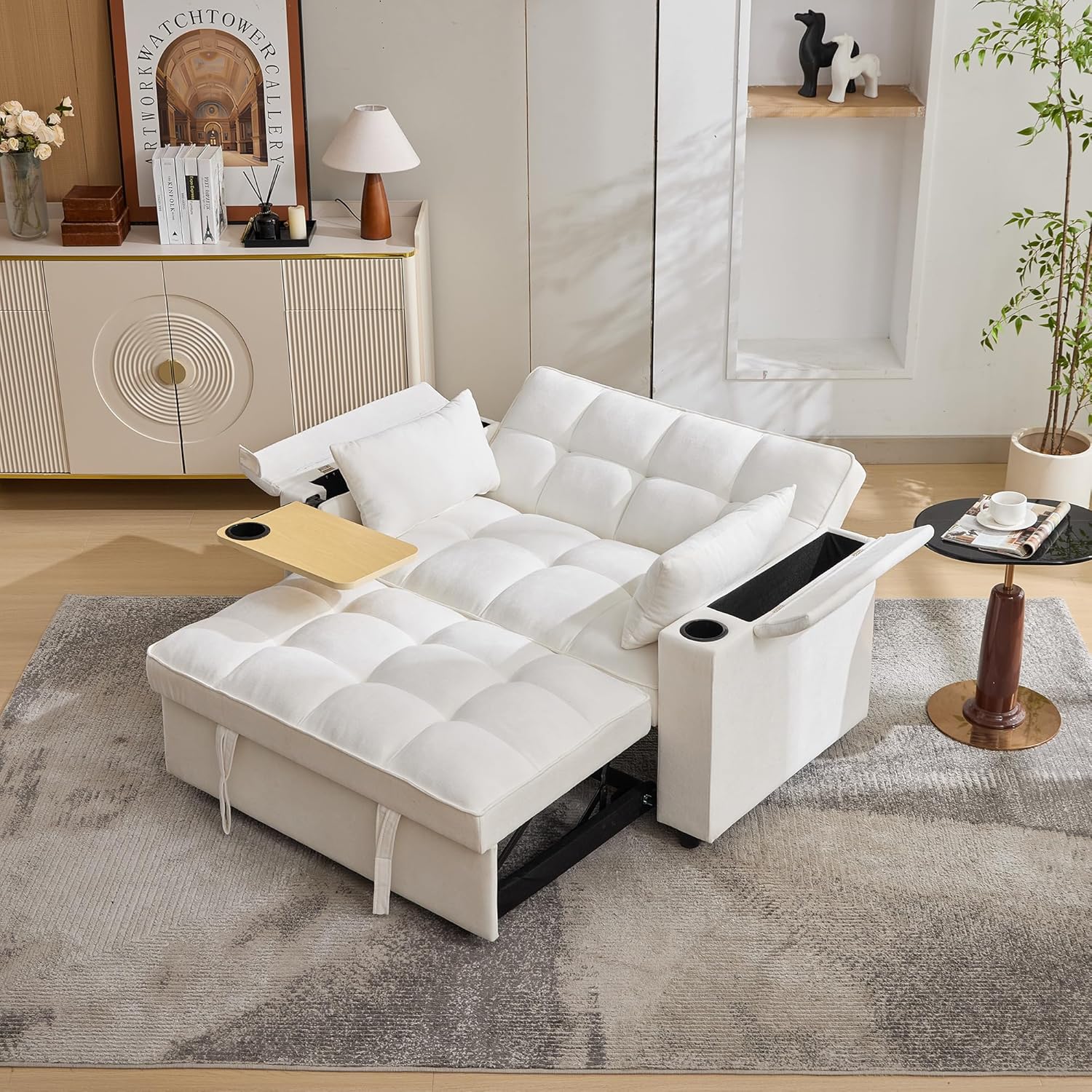 Sofá cama 3-en-1 desplegable, con respaldo ajustable, puerto USB, sofá de 2 plazas tipo lounge, cama diurna plegable, equipado con mesa oculta, portavasos 140.5*74*82cm (Beige)