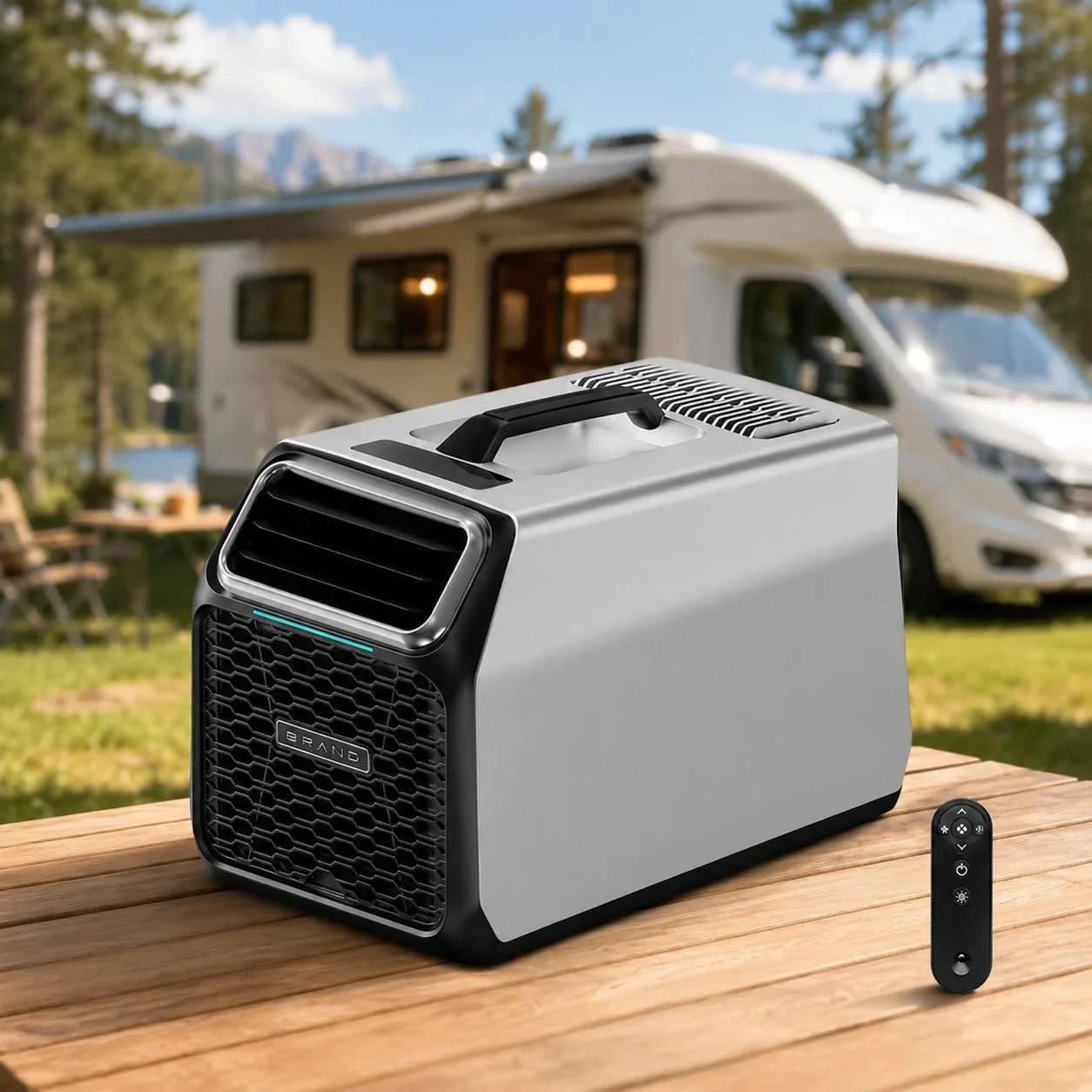 Aire acondicionado portátil, aire acondicionado de camping portátil de 3500 BTU con compresor real – Aire acondicionado de CC para caravana, tienda de campaña, furgoneta y cabina de camión – con deshumidificación, modo de reposo y control remoto, gri