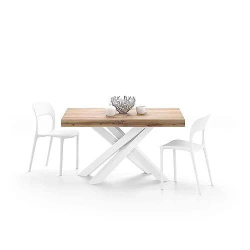 Mobili Fiver Emma 140 Tavolo da Pranzo Allungabile – Piano in Rovere Rustico con Gambe Bianche Incrociate, Laminato/Ferro, Made in Italy