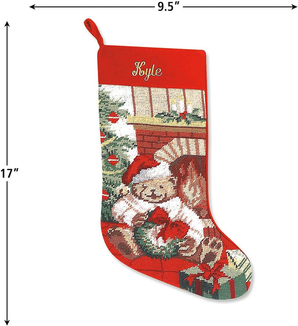 Lillian Vernon Personalized Needlepoint Reindeer Stocking - Heirloom Christmas Stocking, 100% Wool, 9.5” W x 17” L