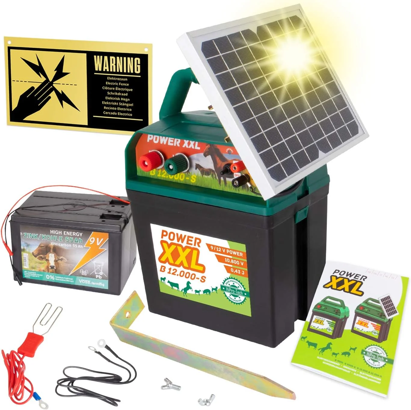 VOSS Power XXL B 12.000-S, 10.800V Elettrificatore Solare Potente 9V 12V, incl. Batteria da 55Ah e Cartello di Avvertimento, Modulo Solare ad Alta Efficienza, Per Cavalli, Pony, Cani, Gatti, Aironi, Bovini, Suini