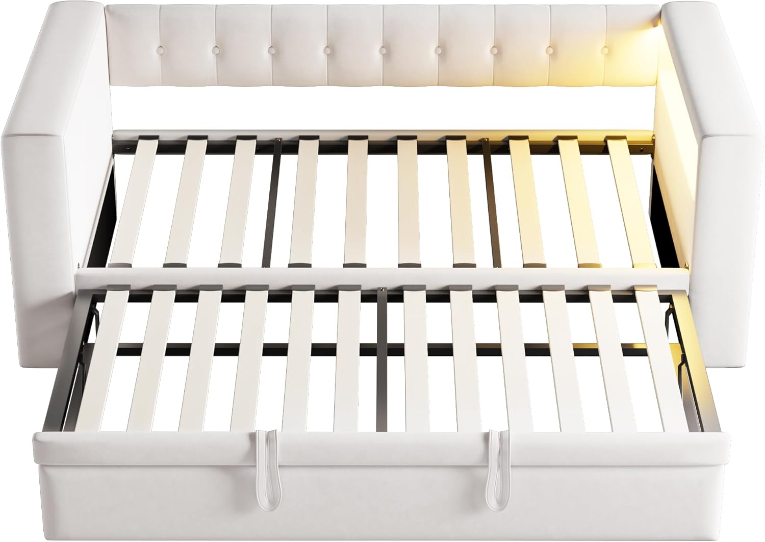 Cama tapizada 90/180 × 190 cm, con iluminación LED, enchufes y mucho espacio de almacenamiento; cama tapizada, cama individual, sofá cama multifuncional, color beige