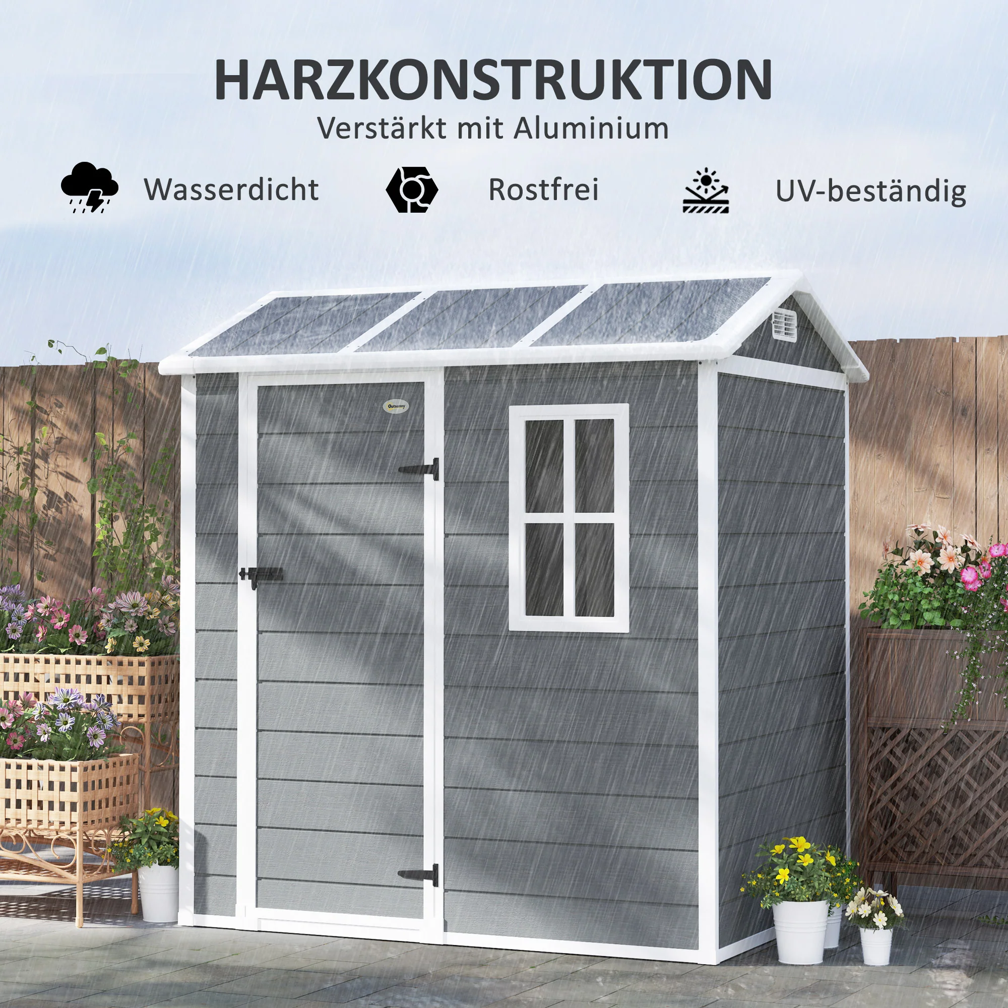Outsunny Tuinhuis, Gereedschapsschuur met Bodem, Raam, Afsluitbare Deur, Kunststof-Harz, Weerbestendig, Grijs