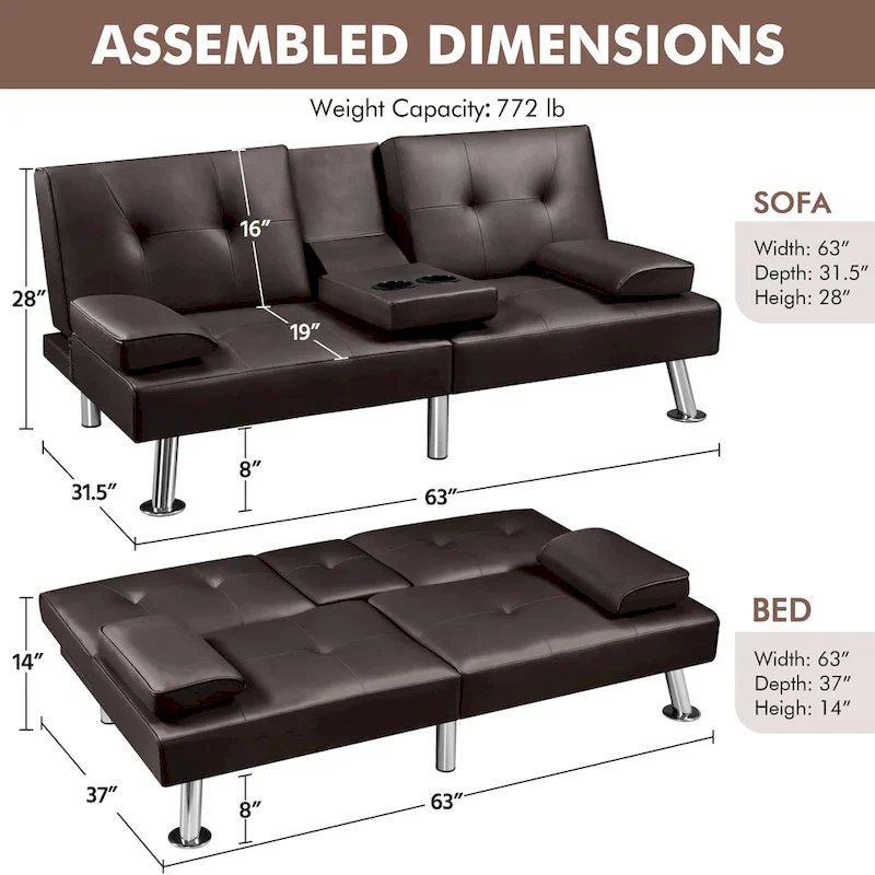 Yaheetech Faux Leather Convertible Futon Sofa Bed 3-In-1 Adjustable Futon Couch