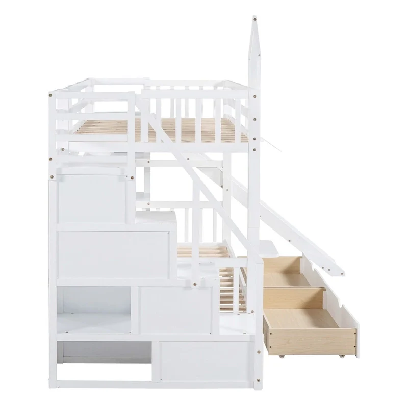 Twin-Over-Twin Castle Style Bunk Bed with Drawers,Shelves,Slide