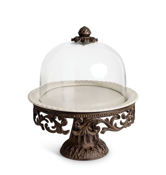 2026 Nuevo pedestal para pastel con cúpula de vidrio y base decorativa estilo acanto