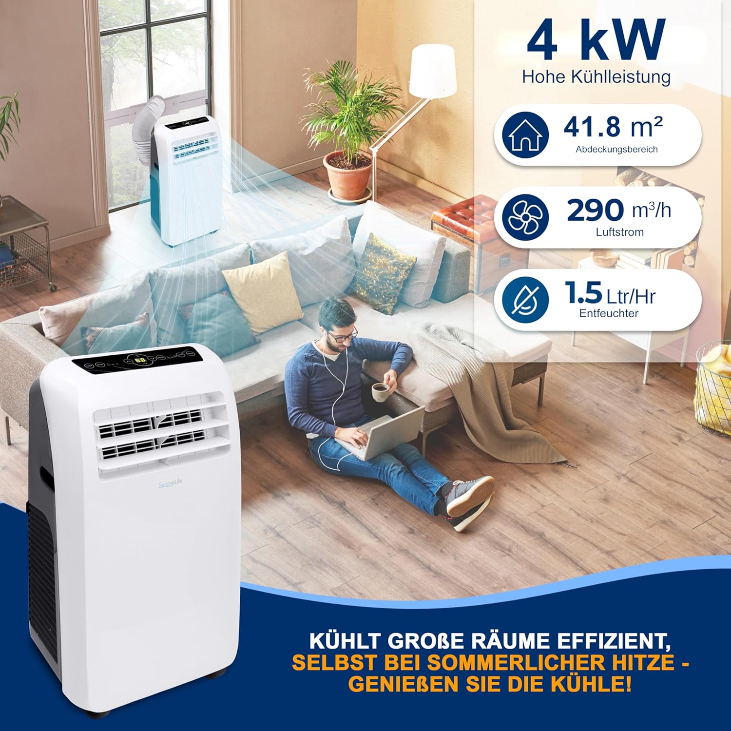 SereneLife Klimaanlage mobil, 3-in-1 mobiles Klimagert mit Abluftschlauch - Luftkühler, Luftentfeuchter & Ventilator, air conditioner 9.000 BTU, 1,5 L Feuchtigkeit/Stunde, kühlt Rume bis 42 m