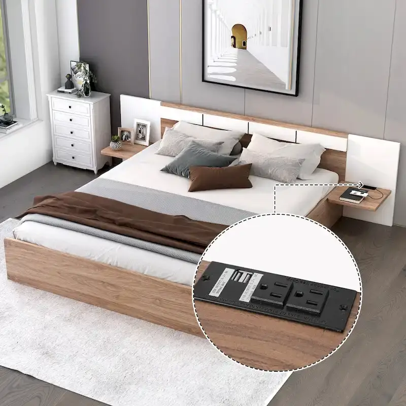 Natural Queen Size Platform Bed with Headboard, Storage Drawers, Shelves, USB Ports, and Outlets
