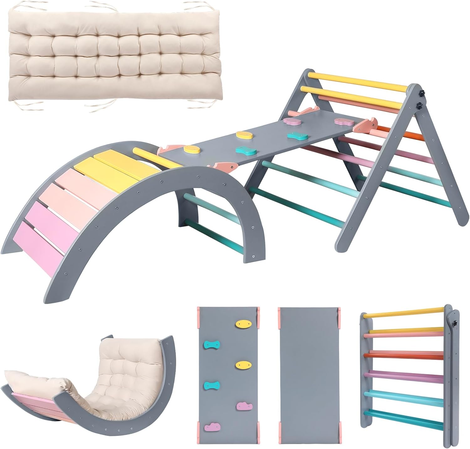 Dreieck-Set mit Kissen, 5-in-1 Montessori-Kletterset, faltbar, Kletter-Indoor-Spielplatz-Set für Kleinkinder, Holz-Kletterspielzeug mit Rampe und Kletterbogen für Kinder (Holzfarbe)
