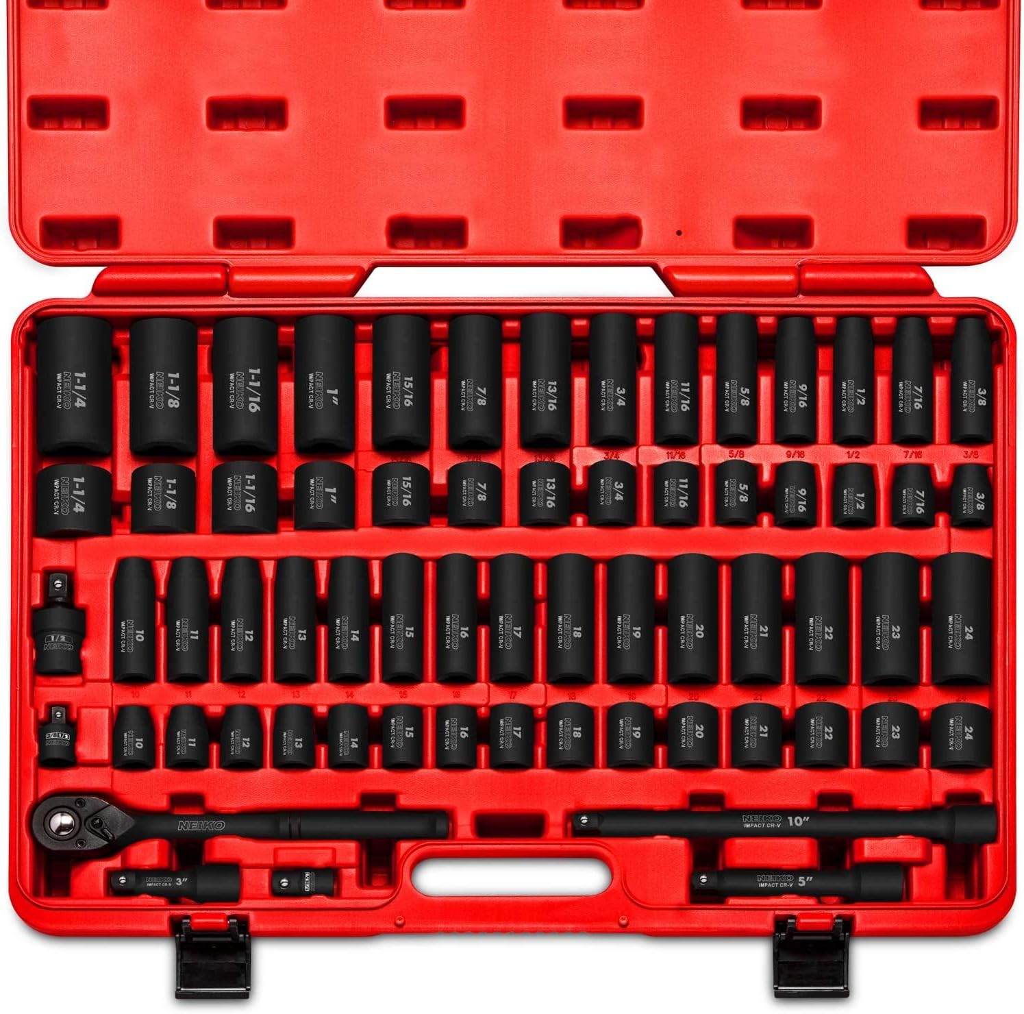 Chrome Vanadium Impact Socket Set 1/2′′ Drive, 65-Piece, SAE & Metric, Deep & Shallow, Includes Adapters & Ratchet Handle