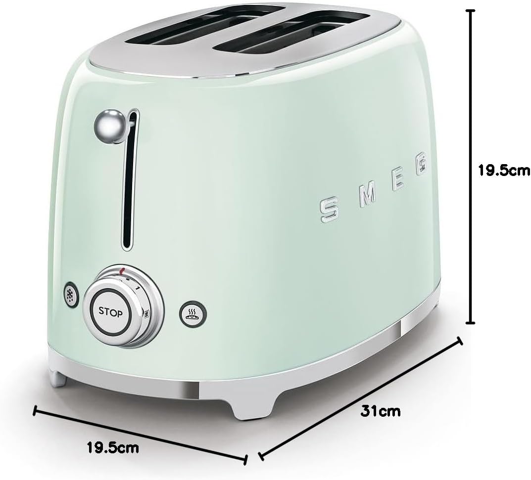 Smeg, 2x2 TSF01PGEU -Toaster, 2 Schlitze für 2 Scheiben, 6 Vergoldungsniveaus, Heizfunktion, Abtau- und Bagel- Funktion, Sammelschublade, 950W, Pastellgrün