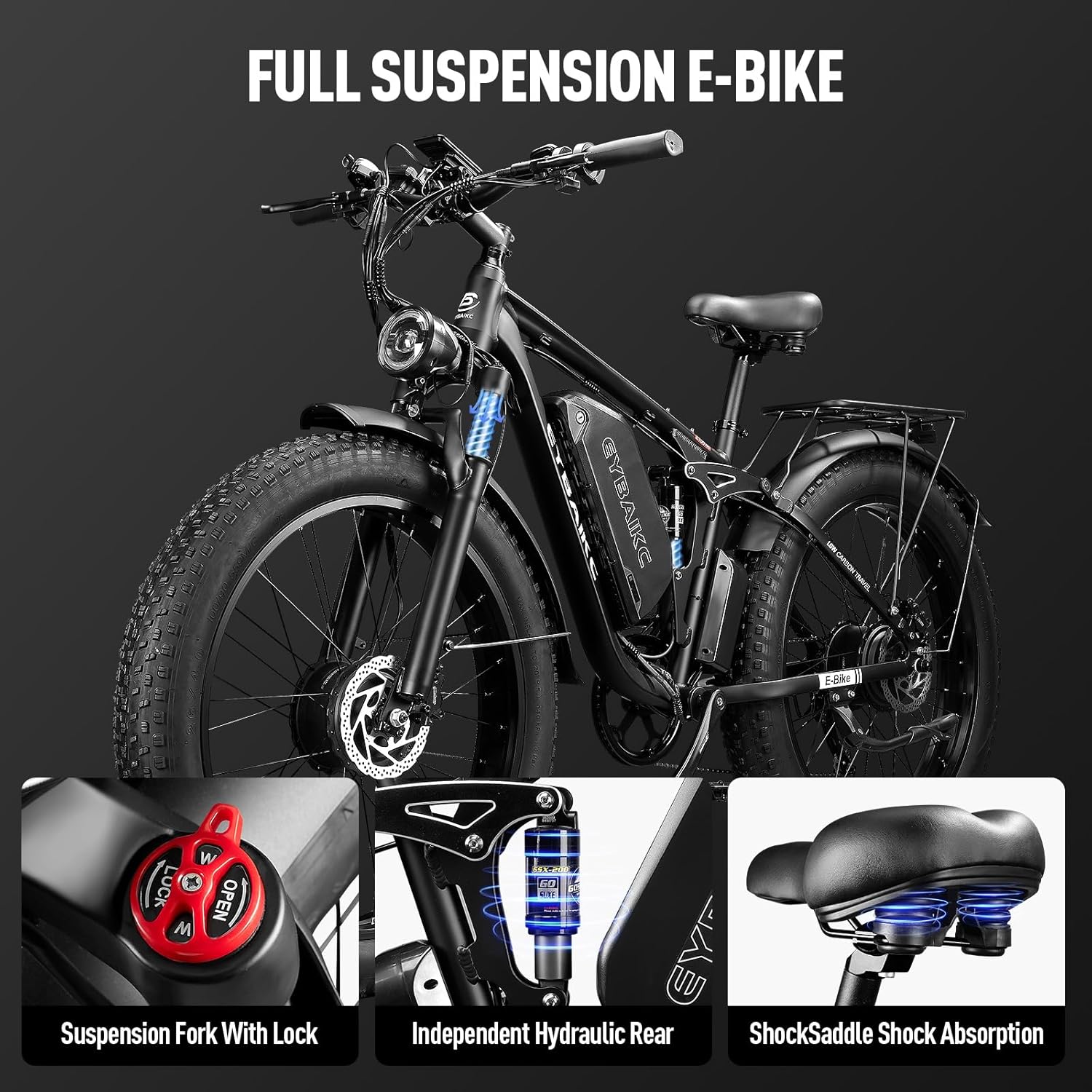 EYBAIKC Electric Bike for Adults,Peak 3000W Brushless Dual Motor Ebike,52V23AH Electric Bicycle 26X4Fat Tire,Max Speed 37Mph E-Bike,Dual Hydraulic Disc Brake Electric Mountain Bike for Men Women