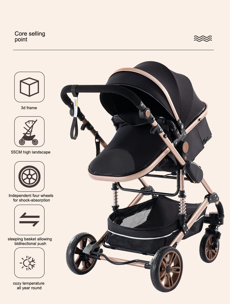 YAZOCO kinderwagen 3 in 1 Buggy Babybett Komplett Set Einem Klick Zusammenklappbarer Kinderwagen, KombiKinderwagen Aluminiumrahmen für Neugeborene (Schwarz)