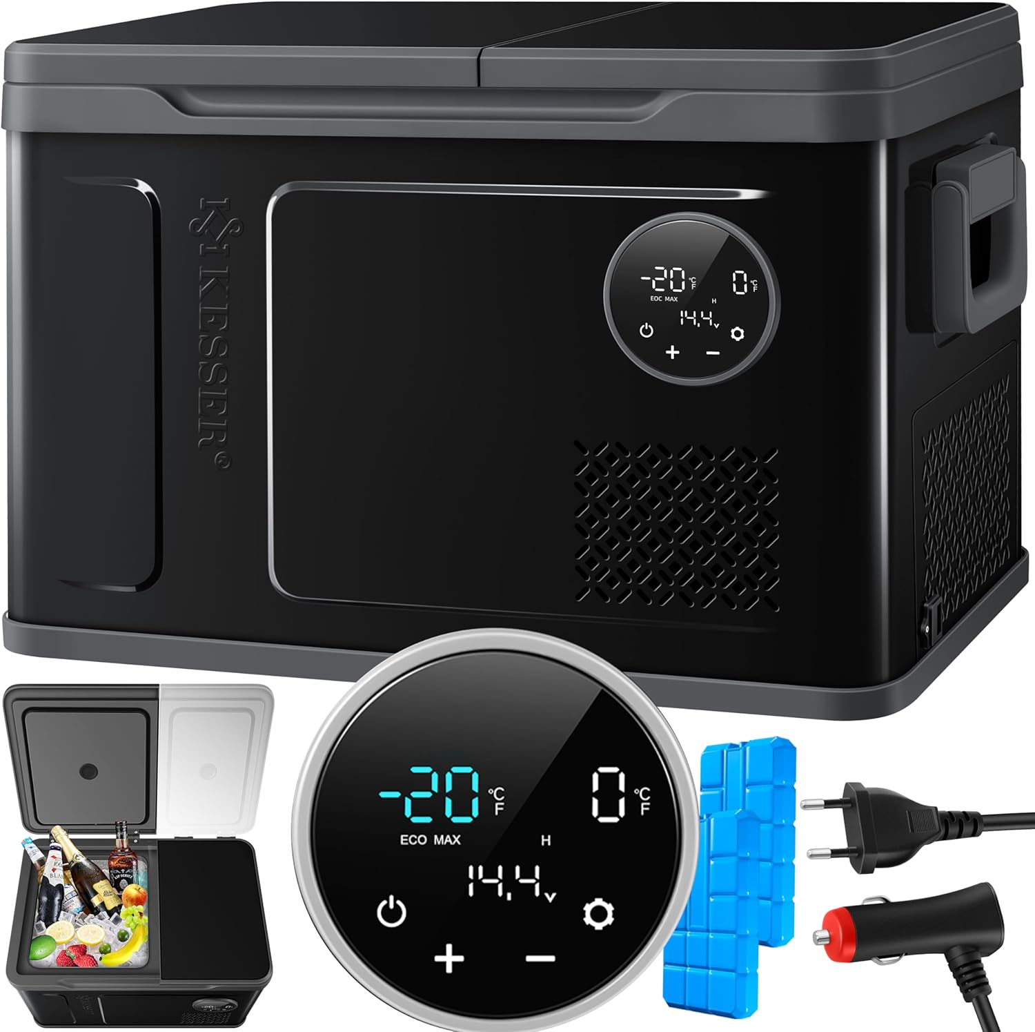 KESSER Kompressor Kühlbox 2in1 Doppelzone Kühl & Gefrierfach elektrische Gefrierbox mit 2x Kühlakkus & LED-Touch-Bedienung | Kühlschrank Kühlung bis -20 °C für Camping, Auto, Lkw 12/24V 230V
