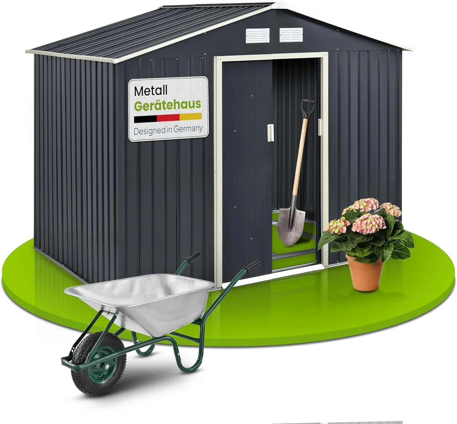 Juskys caseta metálica para Herramientas XL 9m³ con Techo a Dos Aguas, Puerta corredera y cimentación - 277 x 191 x 192 cm - Antracita - cobertizo metálico para jardín