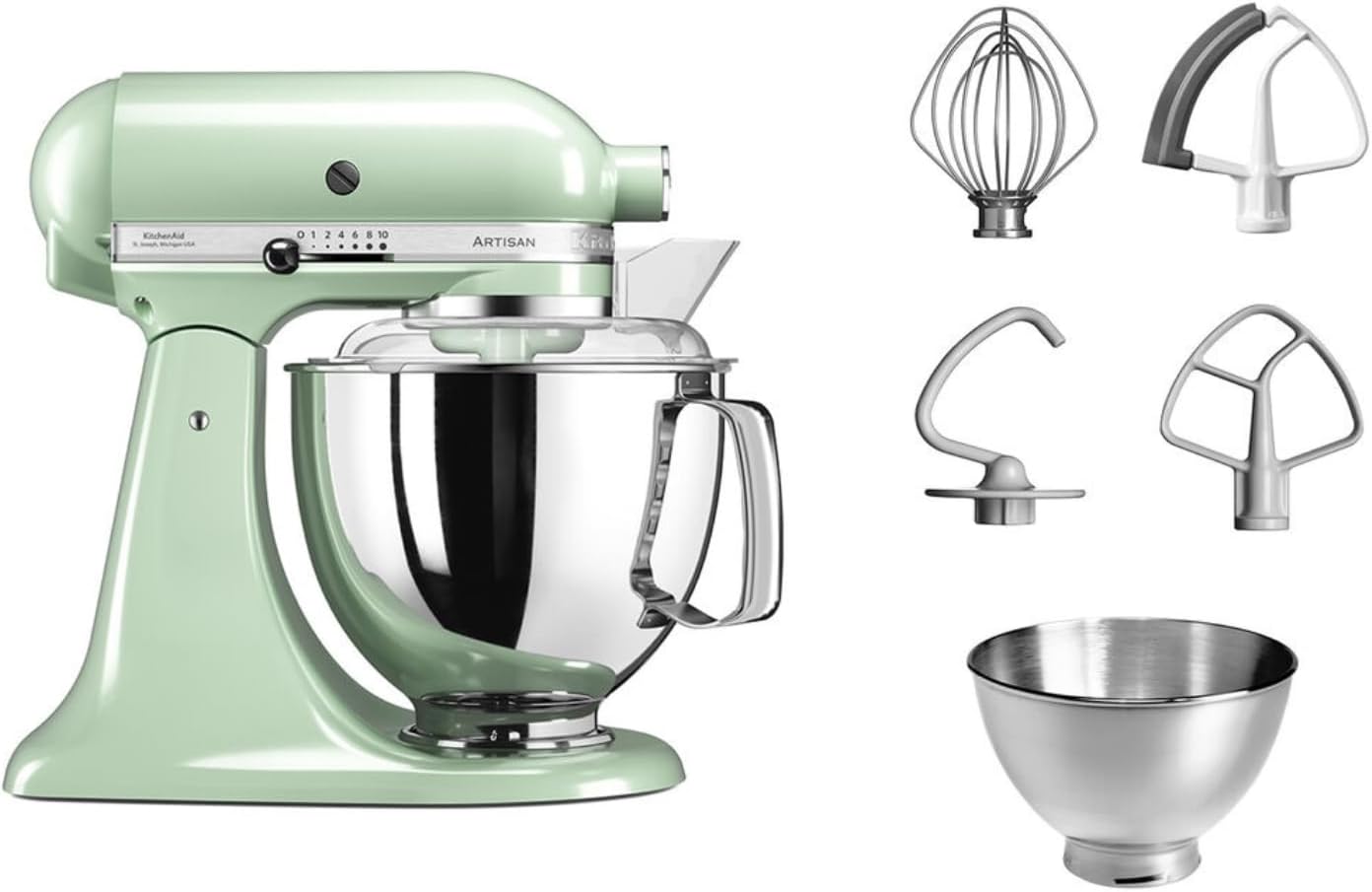 KitchenAid Küchenmaschine I Artisan I Kippbarem Food Processor I Teigknetmaschine mit 5 Zubehör | 2 Schüsseln aus Edelstahl | 4.8 L | Pistaccio