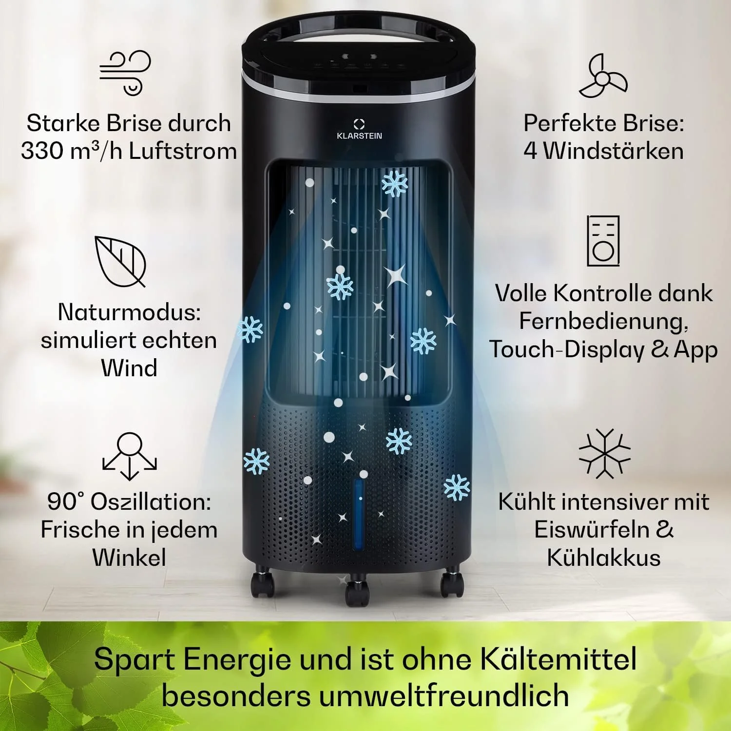 Klarstein Luftk��hler mit Wasserk��hlung, Leiser 4-in-1 Verdunstungsk��hler, Luftbefeuchter, Ventilator & Nachtmodus, Mobile Klimager?te Luftk��hler 7L, 65W Air Cooler, 330m3/h K��hlender Luftstrom