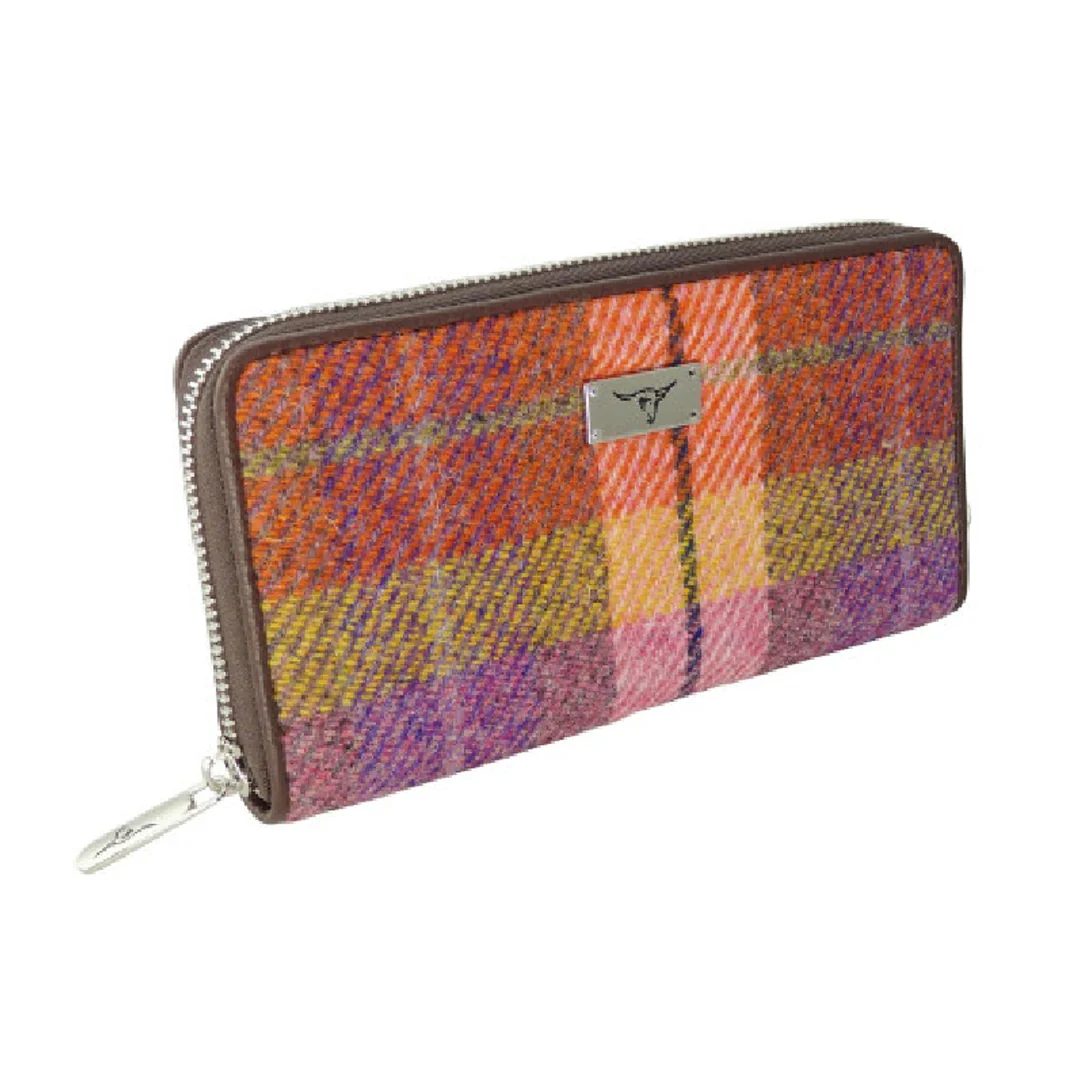Harris Tweed Long Zip Purse Peach and Purple Tartan