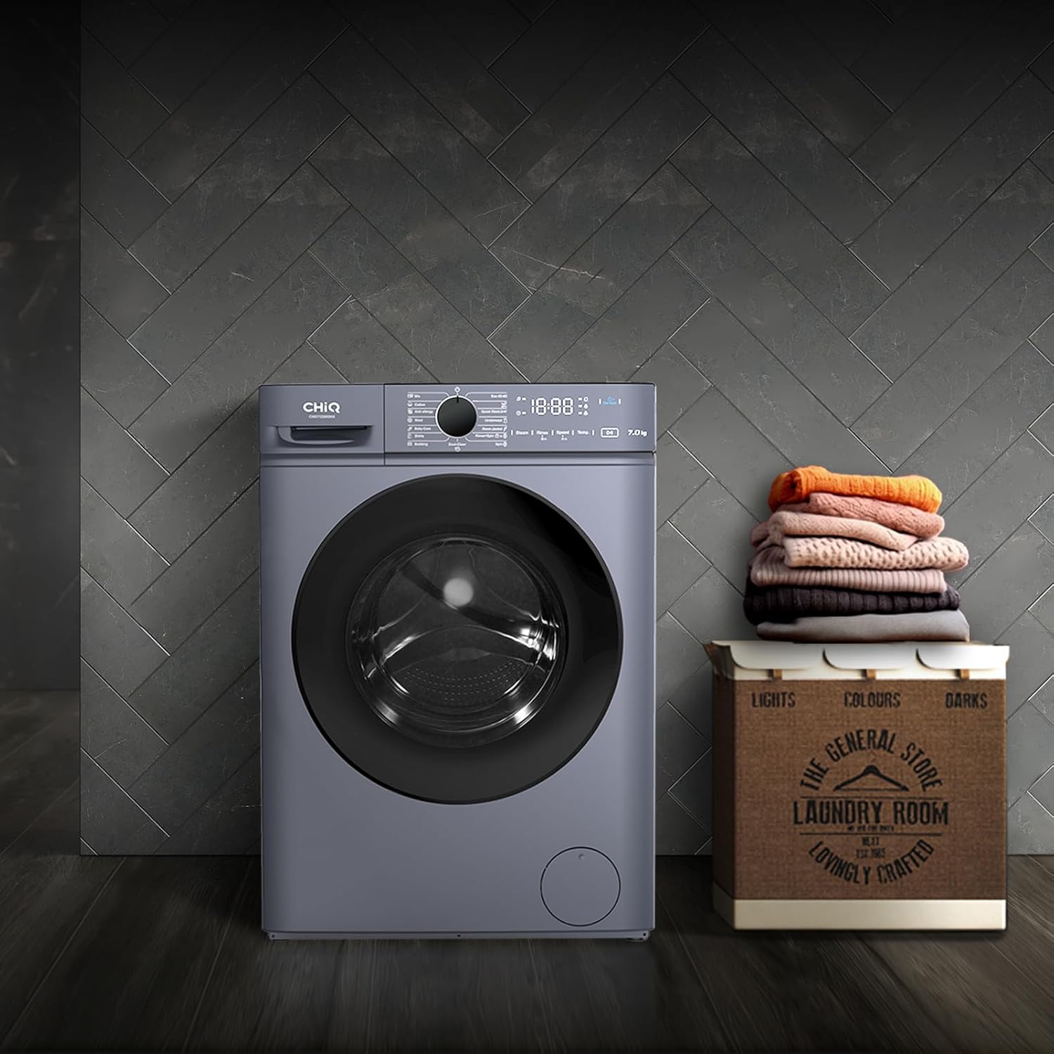 CHiQ Waschmaschine 7kg, 15 Programme, InverterMotor, Eco-Logic, Speed Wash, 60x46,5x84cm, Auto Clean, Washer Grau, CW07123863AX