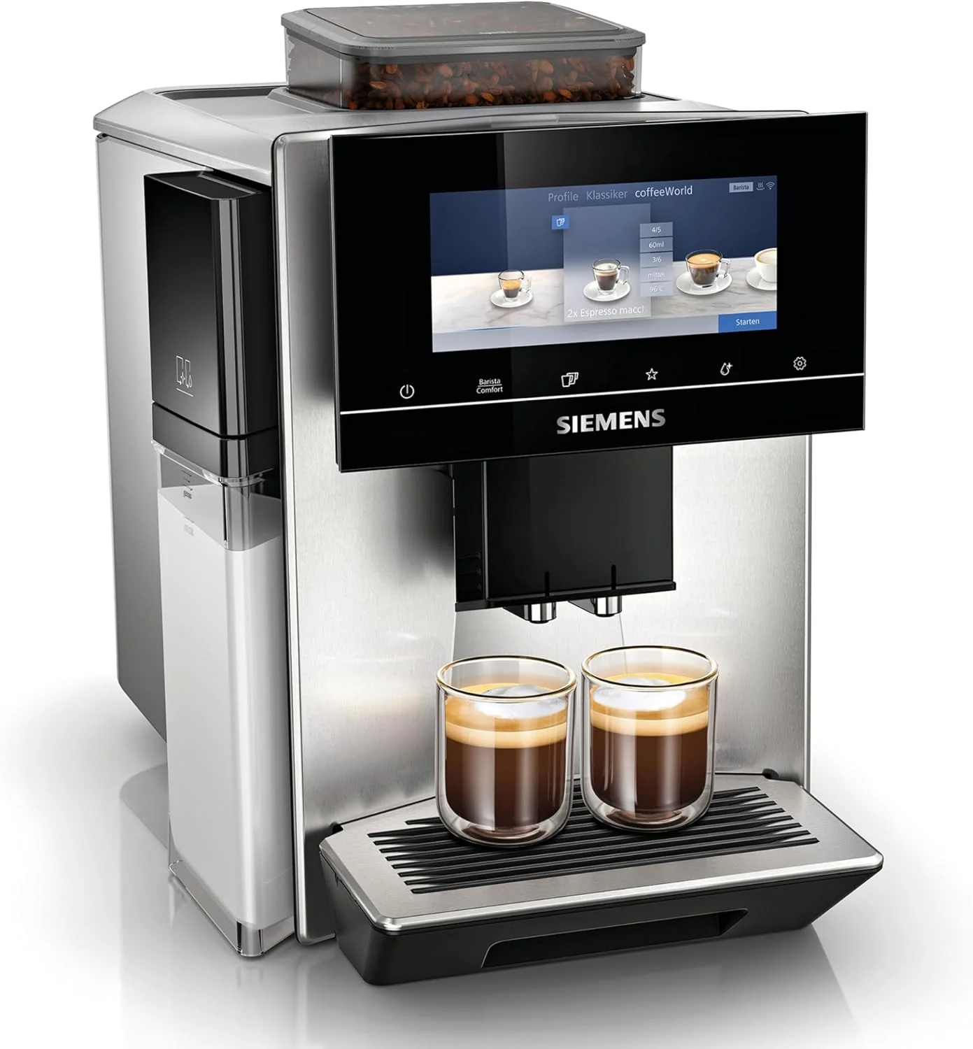 Siemens volautomatische espressomachine EQ900 TQ903D03, app-bediening, intu?tief full-touch display, Barista-modus, AromaBoost, geluidsreductie, premium molen, automatische stoomreiniging, 1500 W, roestvrij staal