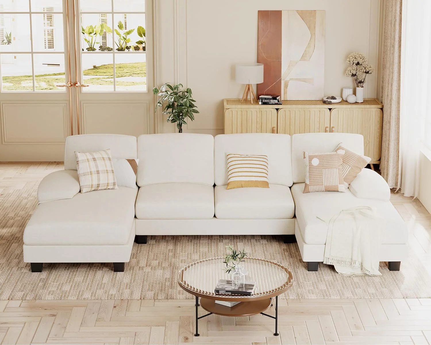 Sectional Couches for Living Room, U Shaped Couch with Chenille Fabric, 4 Seat Modern Sofa with Removable Pillows for Apartment and Small Space (Fabric, Grey)