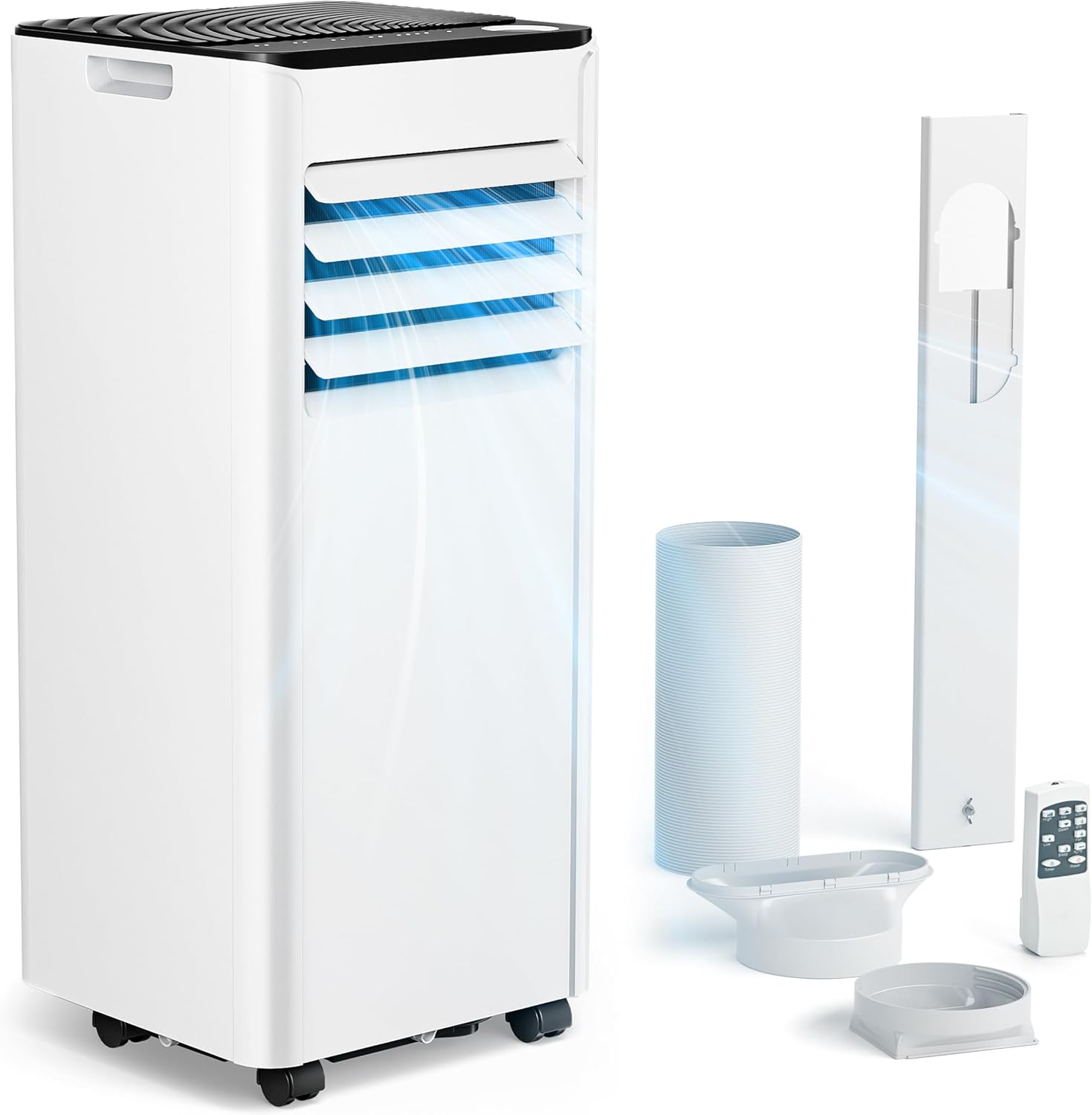 Mobile Air Conditioner with Exhaust Hose 7000 BTU 4-in-1 Mobile Air Conditioner Quiet Operation Digital Display + Remote Control Window Installation Set 24 Hour Timer for Rooms up to 20 m2