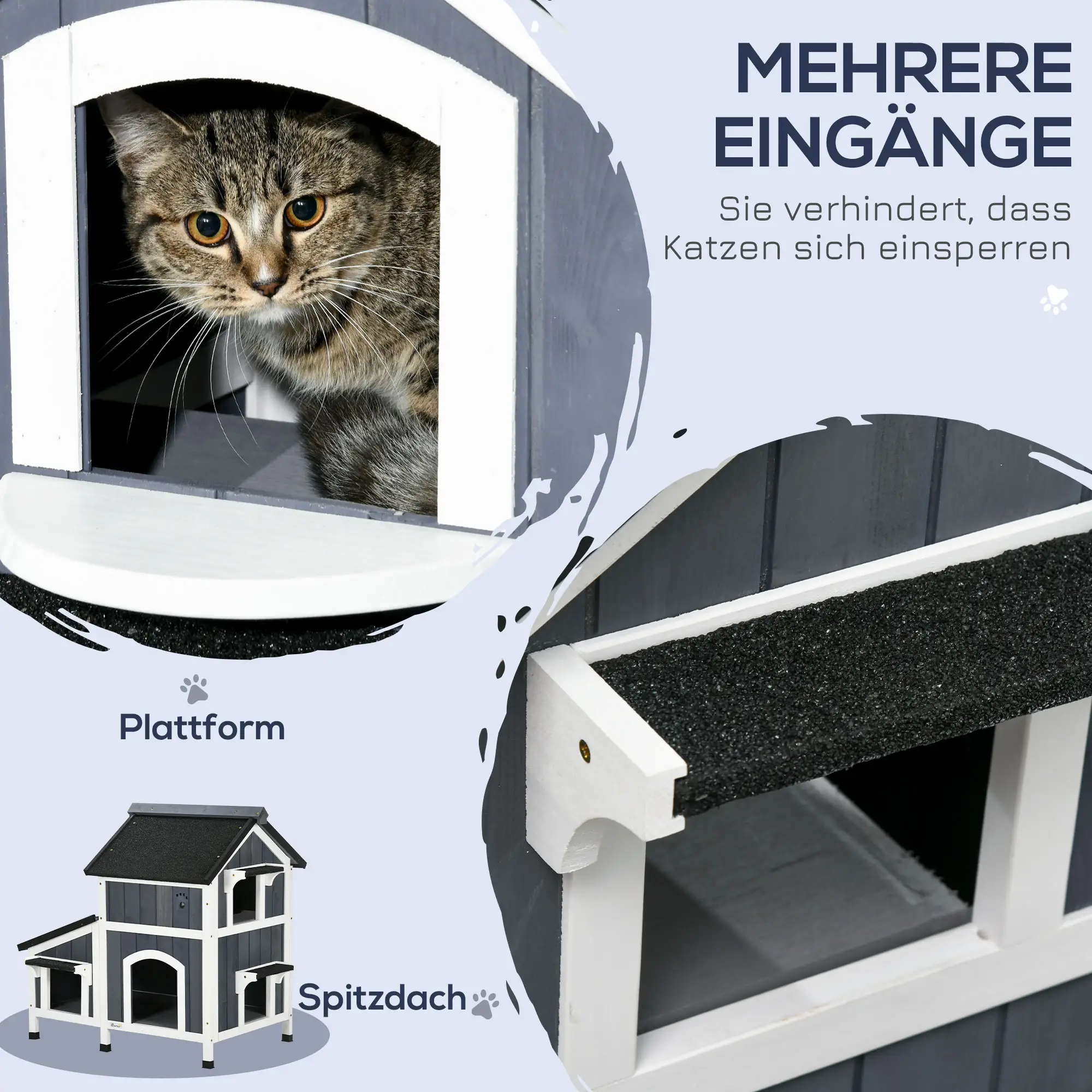 PawHut Outdoor Katzenhaus 2 Etagen mit Asphaltdach Blumenkasten