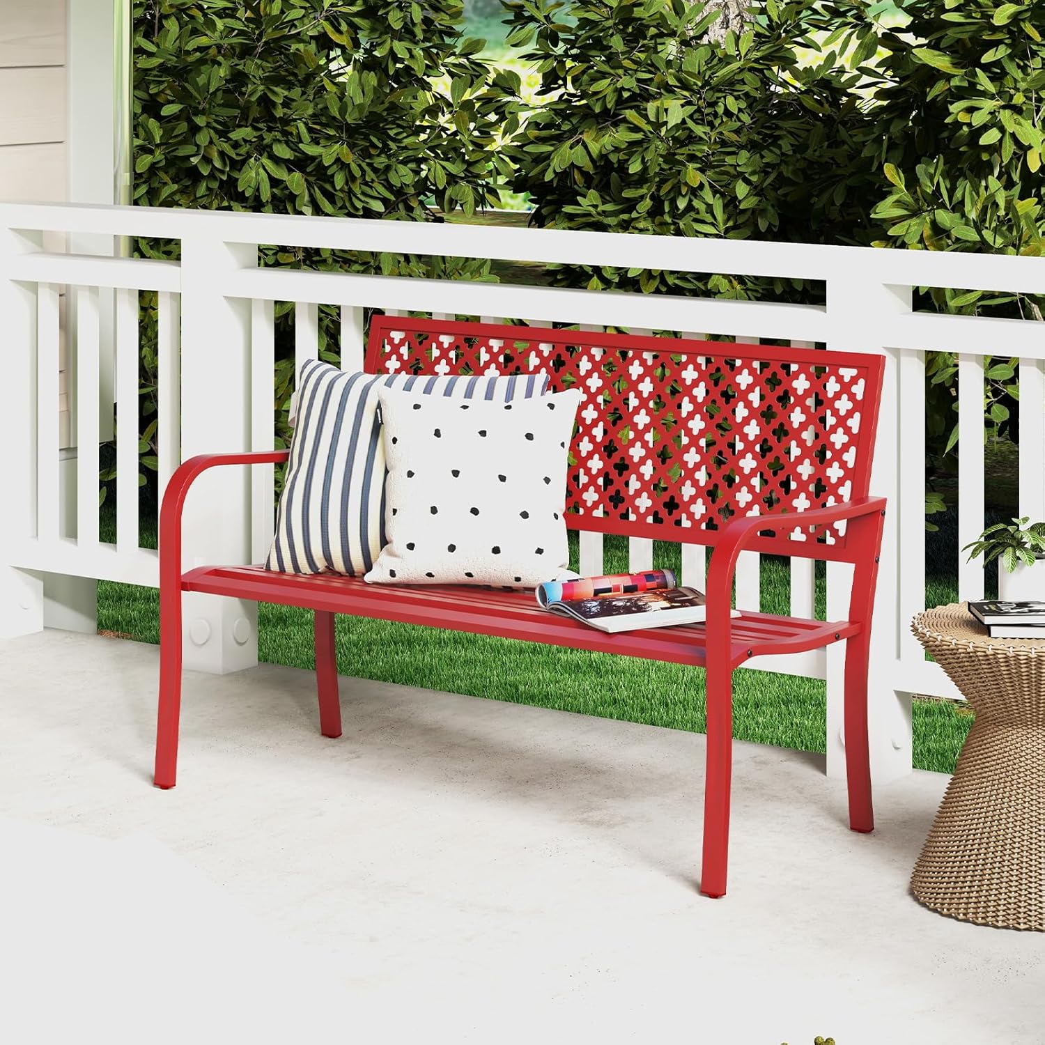 COSTWAY Gartenbank Metall, wetterfeste Sitzbank für 2-3 Sitzer, Parkbank mit Rückenlehne & Armlehne, Metallbank bis 300 kg belastbar, Eisenbank für Garten, Terrasse, Balkon, 127 x 62 x 86 cm (Rot)